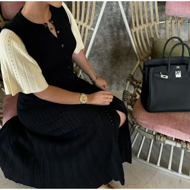 Knit Maxi Dress For Women Elegant Solid O-neck Single Breasted Short Sleeve Long Dresses Female 2025 Summer Fashion Lady Vestido