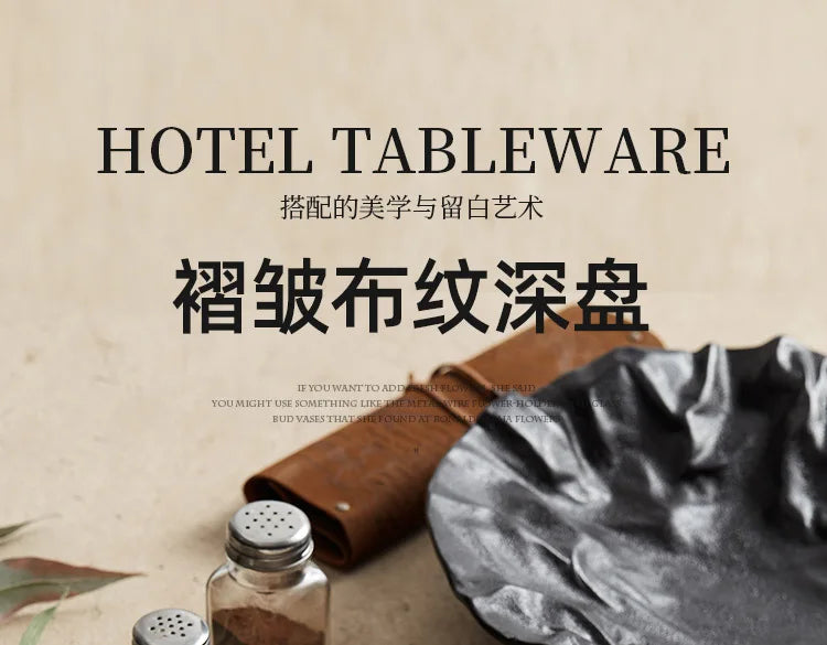 Folding deep plate, dishes, Japanese tableware, western-style salad, household ceramic high-grade tableware.