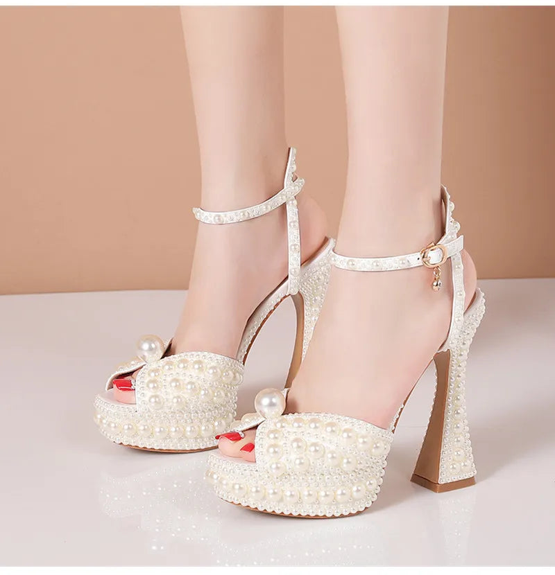 Summer Beaded Thick Heeled Women Gladiator Sandals Luxury Pearls Platform Wedges 14cm High heels Fashion Wedding Banquet Shoes