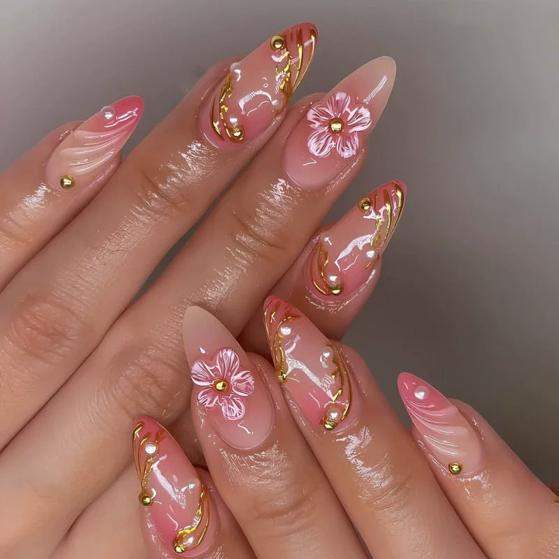24Pcs Mid-length 3D Flowers Design Fingertips Sweet Butterfly Yellow Ripple Almond False Nails Detachable Full Cover Press Ons