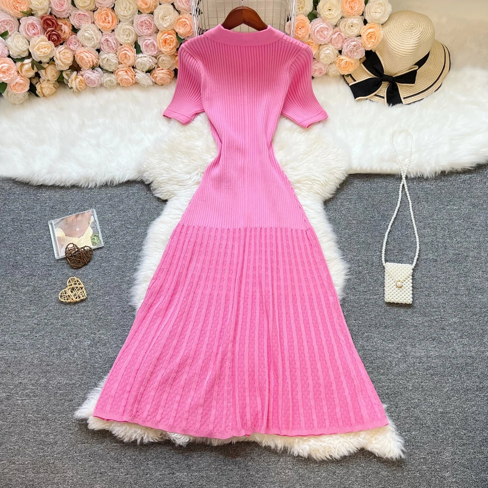 YuooMuoo Brand Fashion Elegant Patchwork Knitted Long Dress Spring Summer Women Luxury Shirt Sweater Dress Lady Party Vestido