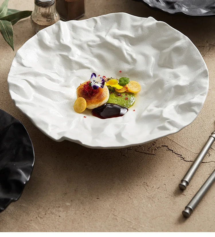 Folding deep plate, dishes, Japanese tableware, western-style salad, household ceramic high-grade tableware.