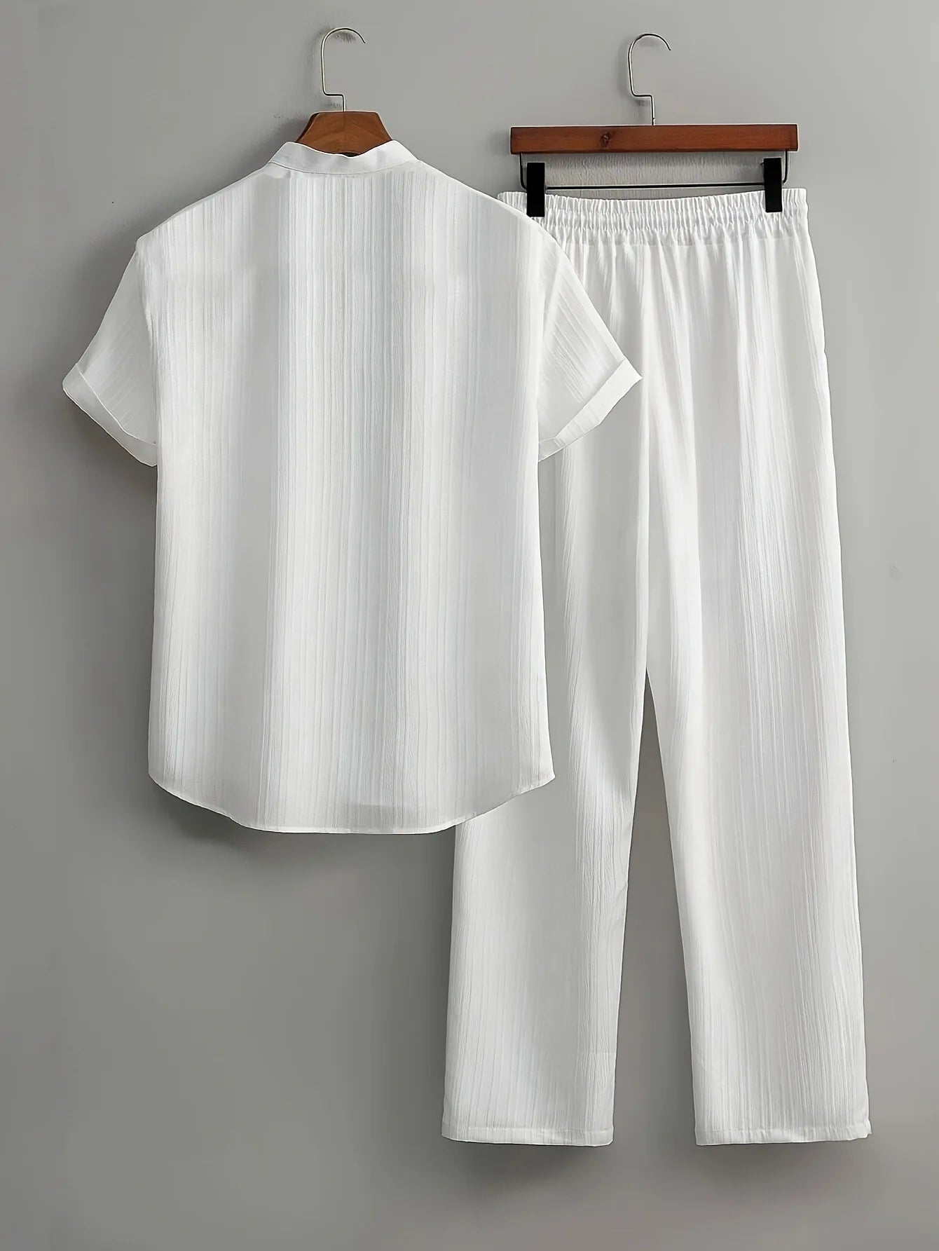 Men's Two Pieces Casual Outfit Loungewear Solid Color Textured Short Sleeve Button Down Shirt and Long Drawstring Pants