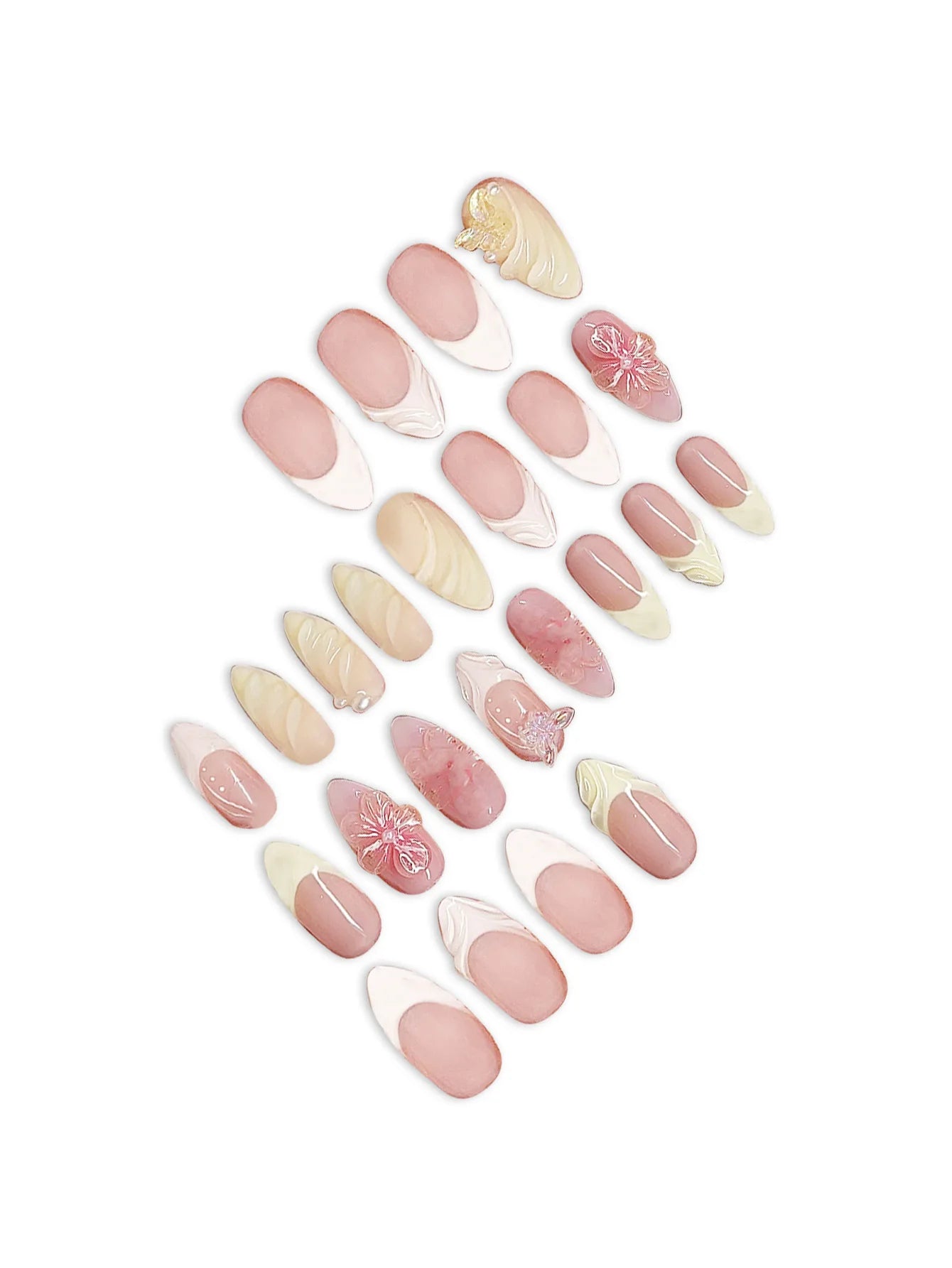 24Pcs Mid-length 3D Flowers Design Fingertips Sweet Butterfly Yellow Ripple Almond False Nails Detachable Full Cover Press Ons