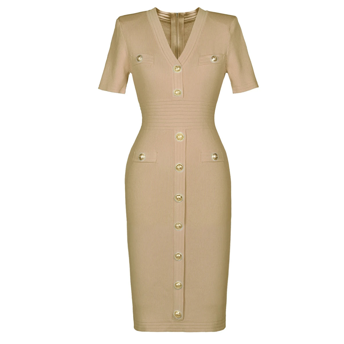 2025 Spring/Summer New Fashion Knitted Elastic Short Sleeve Solid Color Gold Button Slimming Style Commuter Women's Dress