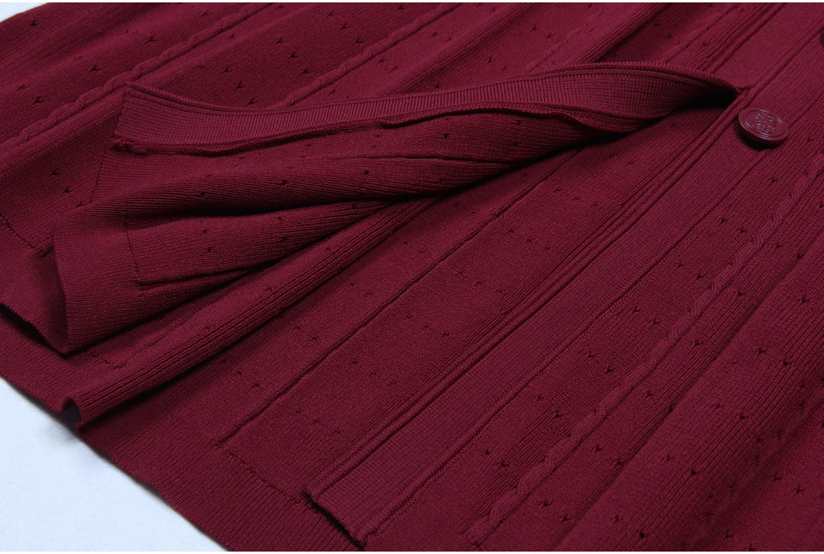 Three Color High-quality New Fashionable Elastic Knitted Hollow Round Neck Single Breasted Short Sleeved Slim Fit Women's Dress