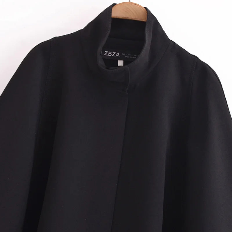 HXAO Black Cropped Cape Coat 2024 Women's Autumn Winter Oversized Long Sleeve Short Cloak Outerwear Fashion Casual Elegant Coat