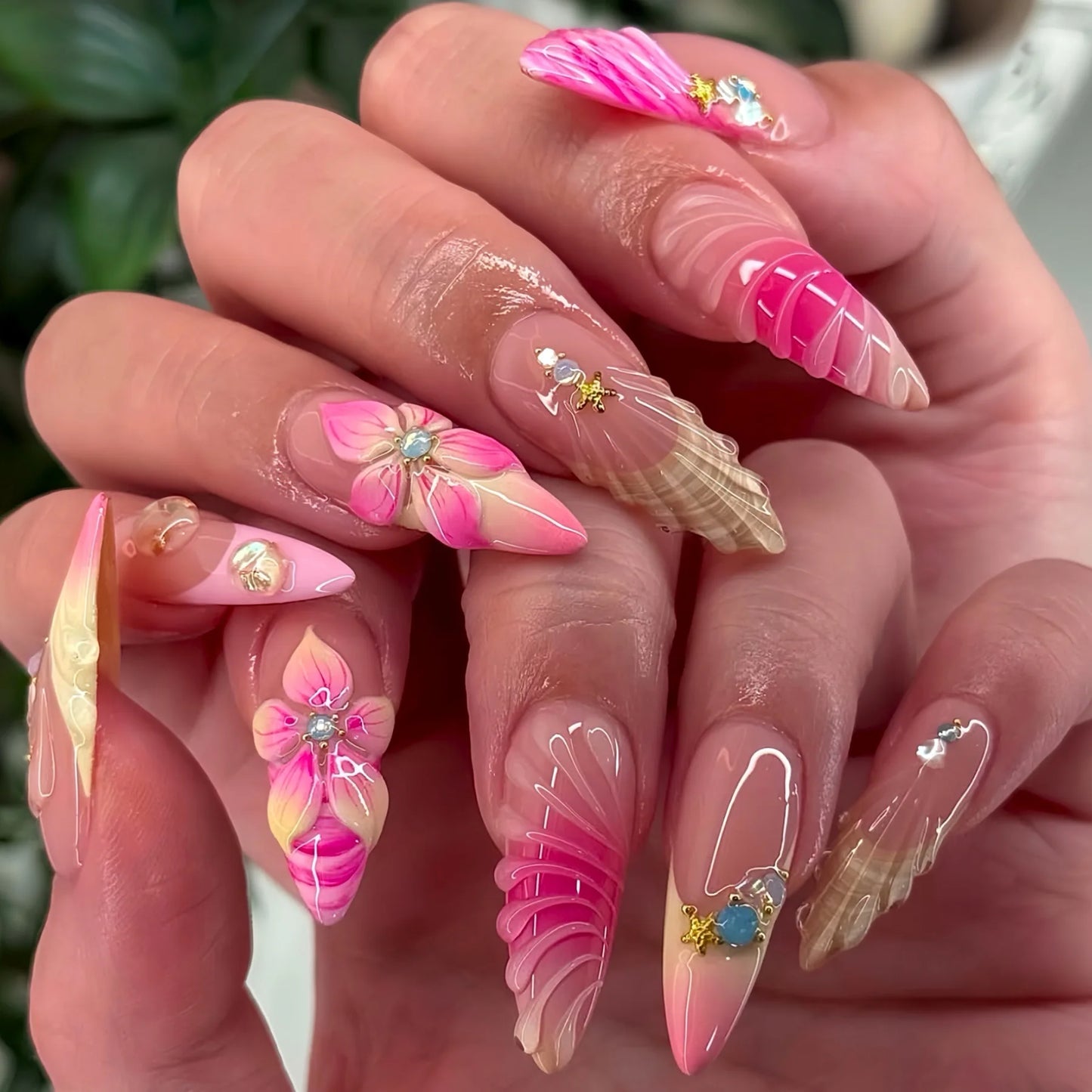 24Pcs Mid-length 3D Flowers Design Fingertips Sweet Butterfly Yellow Ripple Almond False Nails Detachable Full Cover Press Ons