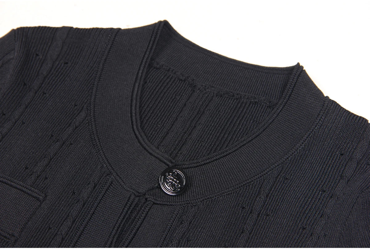 Three Color High-quality New Fashionable Elastic Knitted Hollow Round Neck Single Breasted Short Sleeved Slim Fit Women's Dress