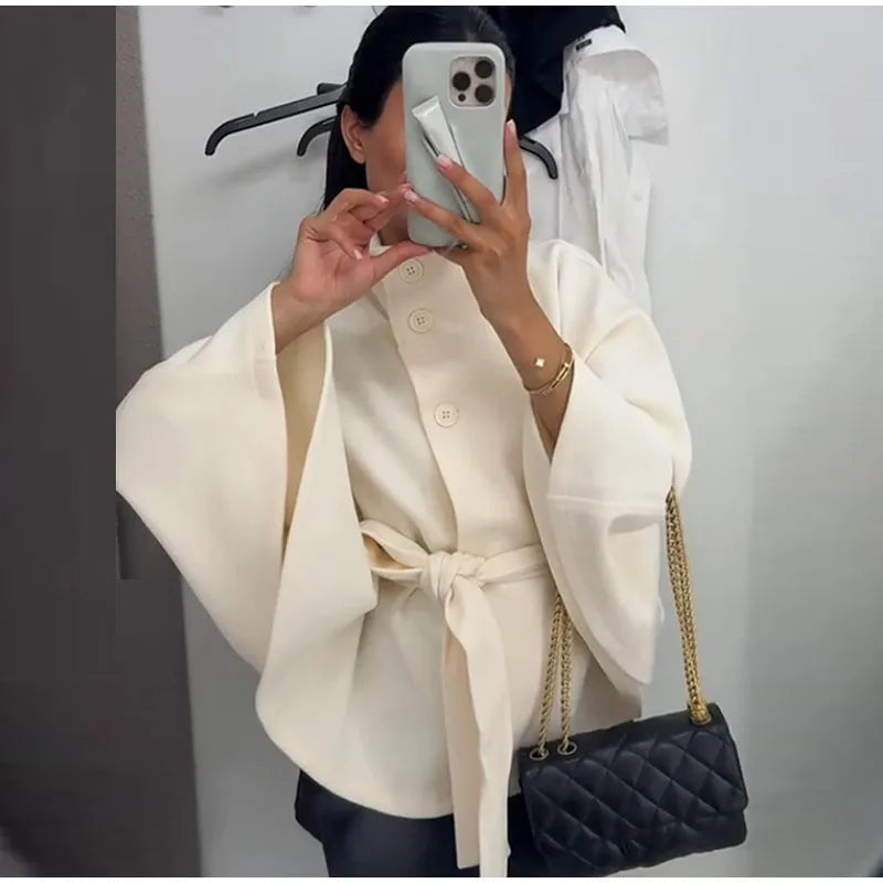 Faux Fur Cloak Jackets Women Loose StandNeck Three Button Wide Sleeves Belt Coats Female 2025 Autumn Solid Chic Fashion Outwears
