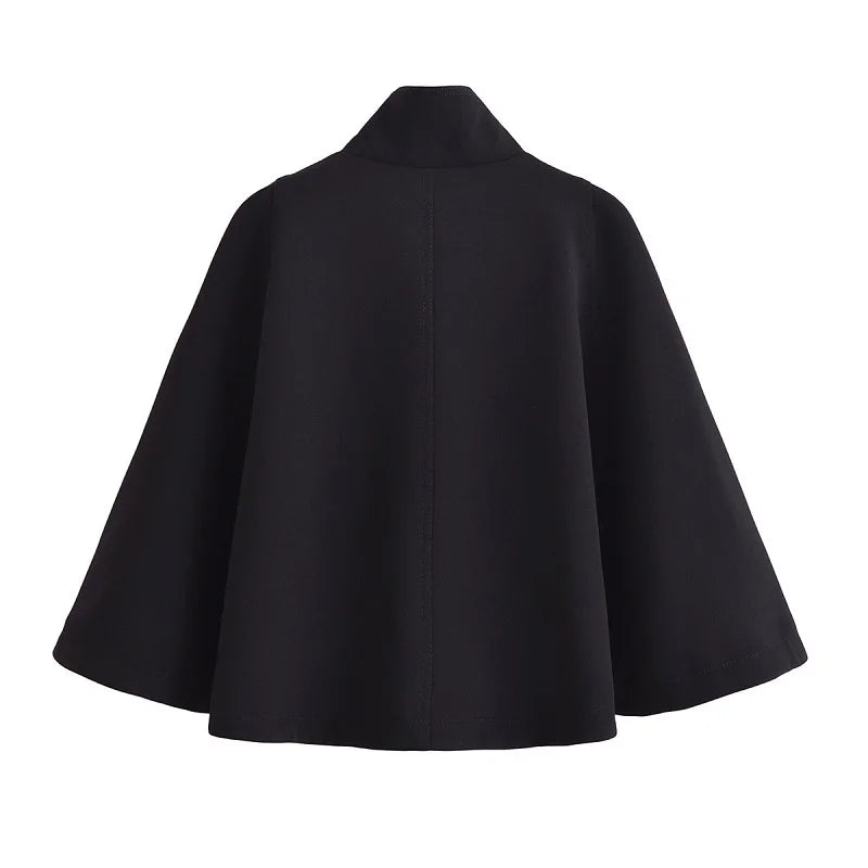 HXAO Black Cropped Cape Coat 2024 Women's Autumn Winter Oversized Long Sleeve Short Cloak Outerwear Fashion Casual Elegant Coat