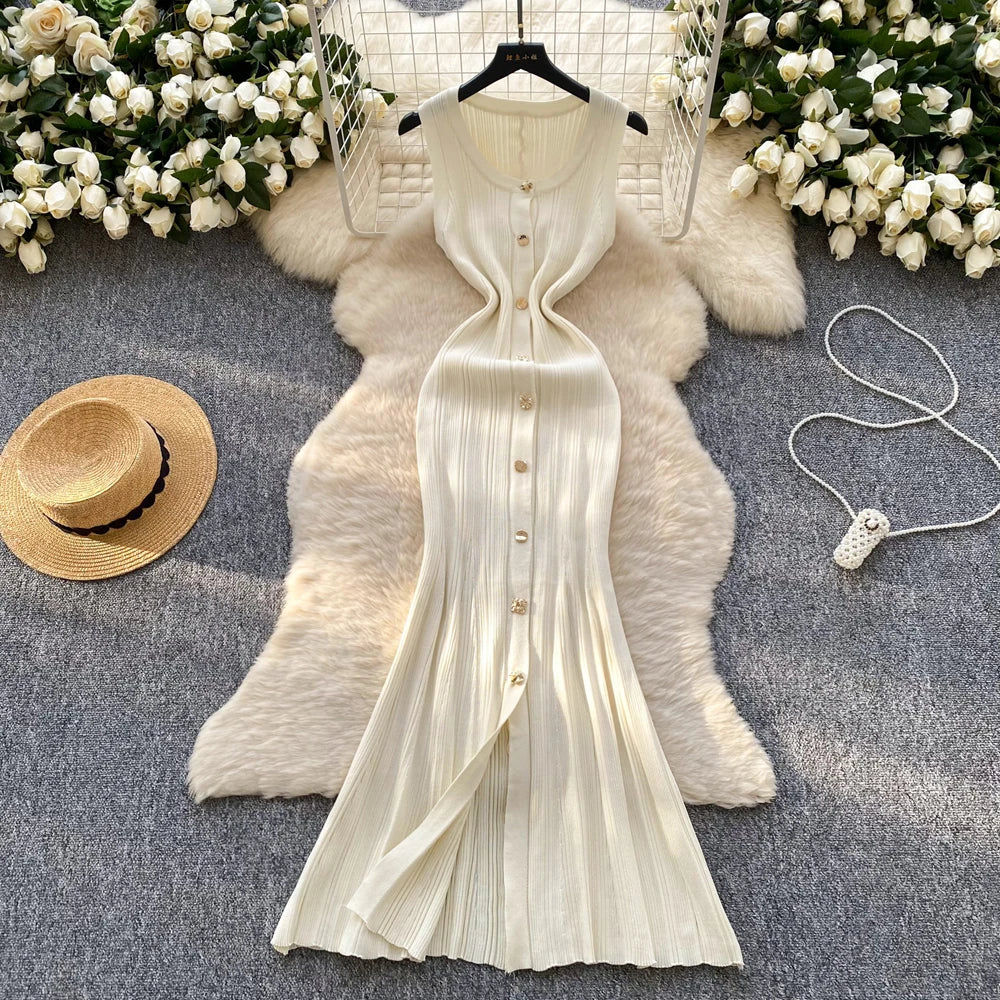 YuooMuoo Brand Fashion Luxury Single-breasted Maxi Dress Women Sleeveless Wrap Hip Bodycon Summer Dress Elegant Party Vestidos