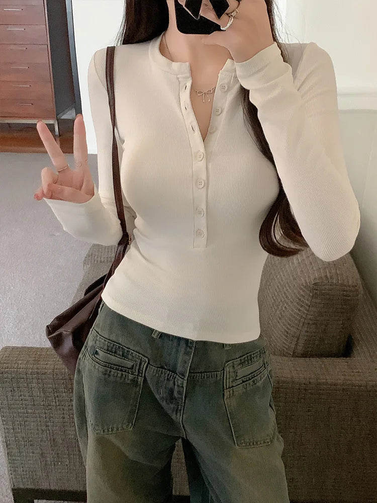 Solid Single Breasted Long Sleeve T-shirt Women Slim Fit Long Sleeve Tops 2025 Autumn Fashion Casual Basic T-shirt
