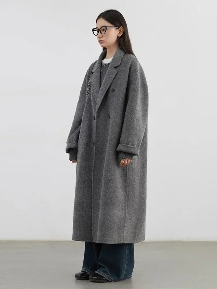 CHIC VEN Women Woolen Coat Double-breasted Basic Loose Casual Retro New Long Double-sided Female Overcoat Autumn Winter 2024