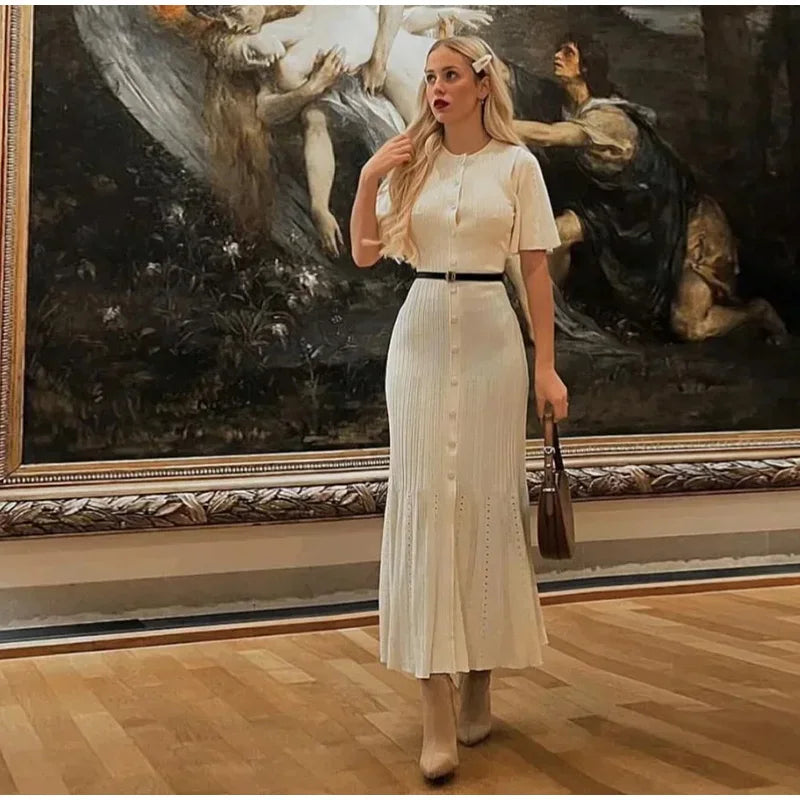 Knit Maxi Dress For Women Elegant Solid O-neck Single Breasted Short Sleeve Long Dresses Female 2025 Summer Fashion Lady Vestido