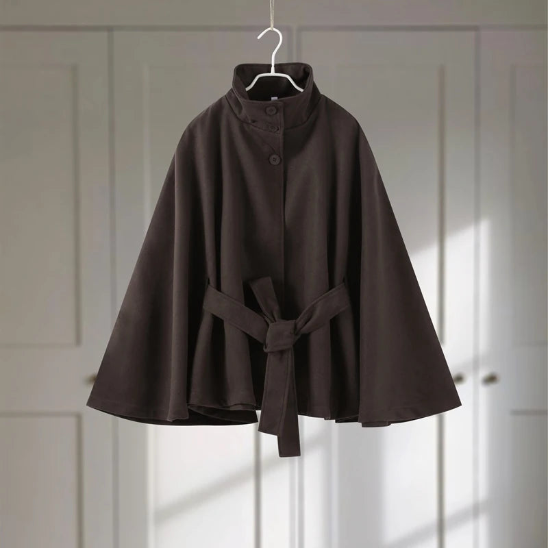 Faux Fur Cloak Jackets Women Loose StandNeck Three Button Wide Sleeves Belt Coats Female 2025 Autumn Solid Chic Fashion Outwears
