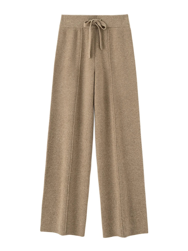 Autumn Winter Women Wide Leg Pants 100% Merino Wool Elastic Waist Straight Trousers Knitted Elegant Draped Loose Fit Trousers