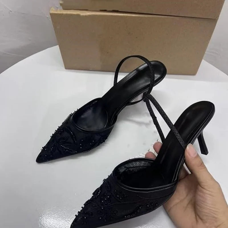 Women's Mesh Floral Embroidered Slingback High Heels Female Open Heel Pearl Studded Pointed Toe Sandals Sexy Stiletto Lady Mules