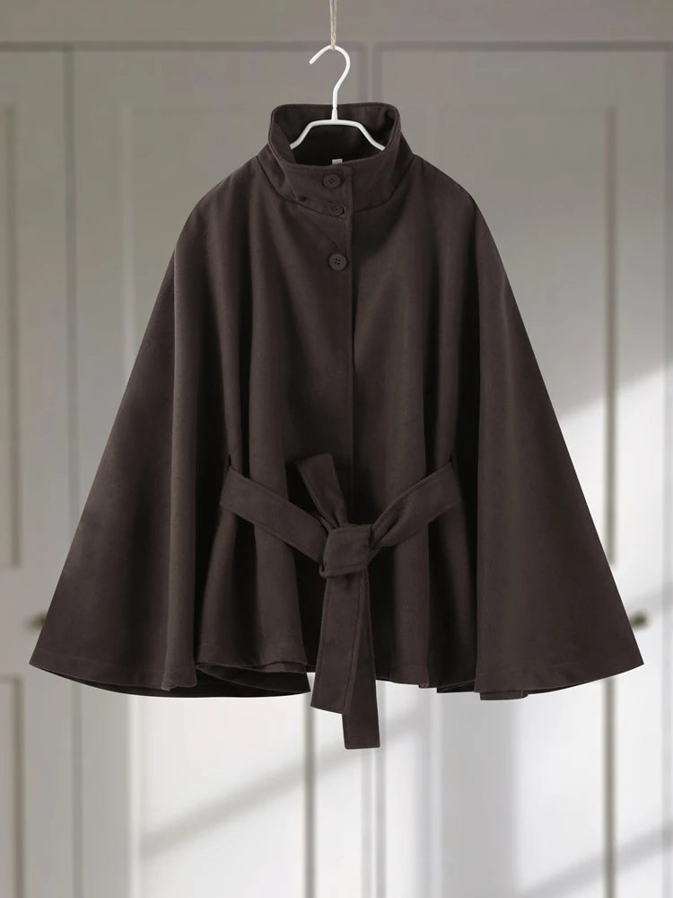 Faux Fur Cloak Jackets Women Loose StandNeck Three Button Wide Sleeves Belt Coats Female 2025 Autumn Solid Chic Fashion Outwears