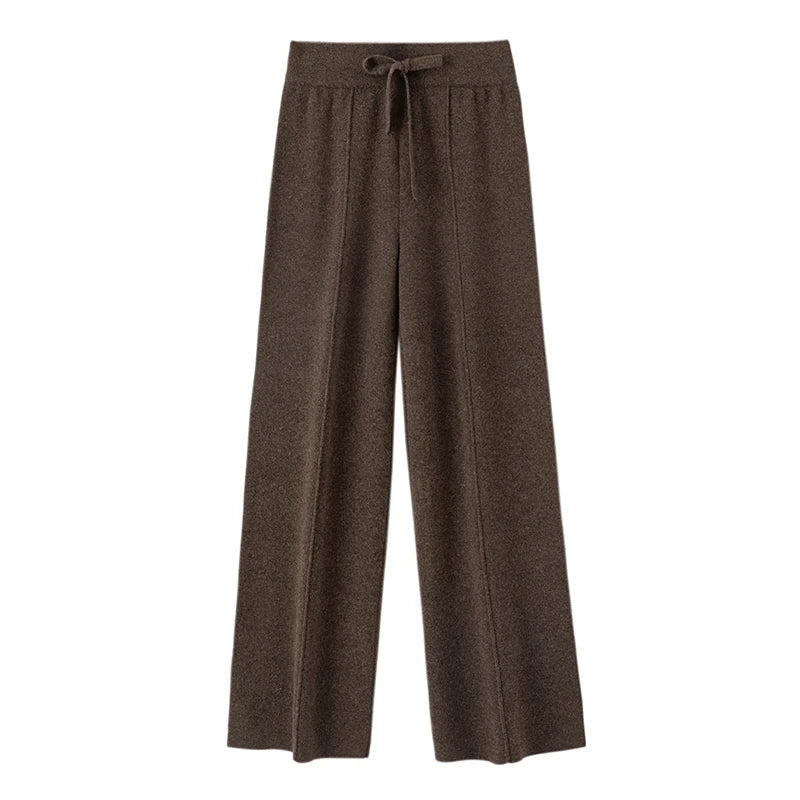 Autumn Winter Women Wide Leg Pants 100% Merino Wool Elastic Waist Straight Trousers Knitted Elegant Draped Loose Fit Trousers