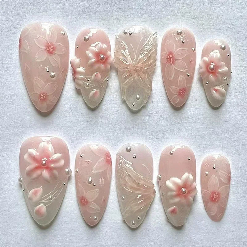 24Pcs Mid-length 3D Flowers Design Fingertips Sweet Butterfly Yellow Ripple Almond False Nails Detachable Full Cover Press Ons