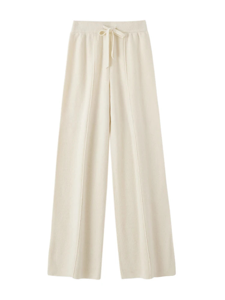 Autumn Winter Women Wide Leg Pants 100% Merino Wool Elastic Waist Straight Trousers Knitted Elegant Draped Loose Fit Trousers