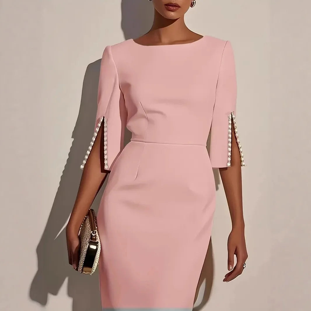 Women's Fashionable Solid Color Office Lady Half Sleeve Nail Bead Dress Women Round Neck Slim and Elegant Dress