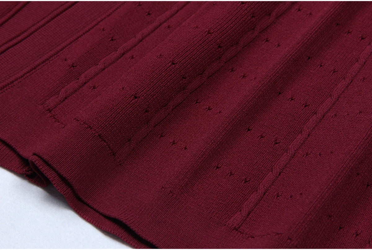 Three Color High-quality New Fashionable Elastic Knitted Hollow Round Neck Single Breasted Short Sleeved Slim Fit Women's Dress