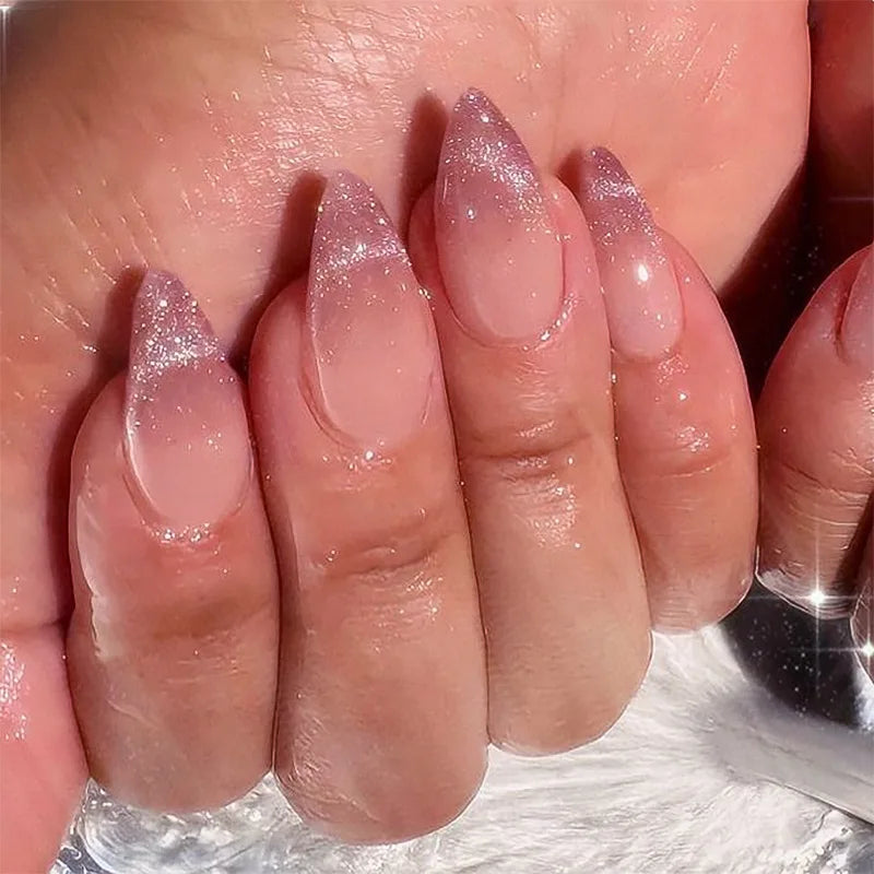 24Pcs Mid-length Almond Ballet False Nails Simple Cat Eye Design Press on Fake Nail Wearable Full Cover Nail Tips Manicure Tools
