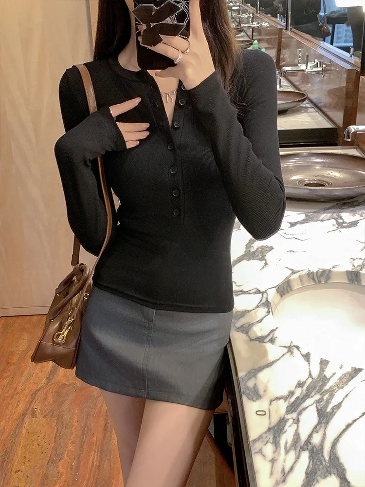Solid Single Breasted Long Sleeve T-shirt Women Slim Fit Long Sleeve Tops 2025 Autumn Fashion Casual Basic T-shirt