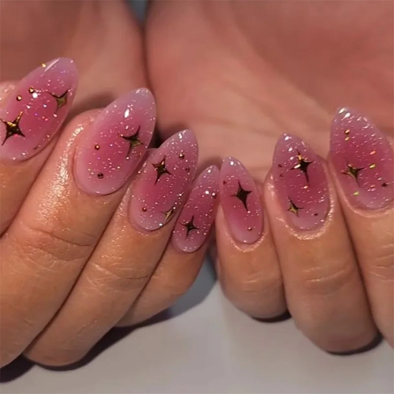 24Pcs Mid-length Almond Ballet False Nails Simple Cat Eye Design Press on Fake Nail Wearable Full Cover Nail Tips Manicure Tools