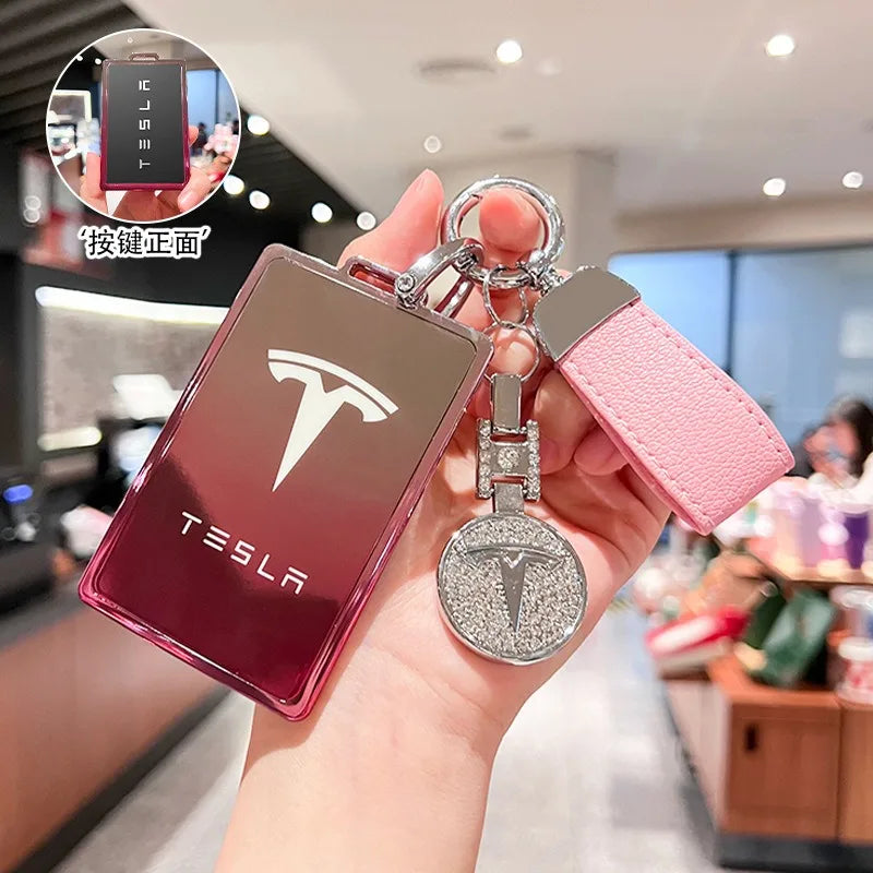 Car Key Card Holder Cover Protector Holder Diamond Keychain Accessories for Tesla Model 3 X Model S Y Roadster P75D P85D P100D
