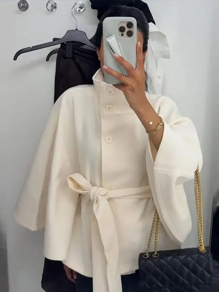 Faux Fur Cloak Jackets Women Loose StandNeck Three Button Wide Sleeves Belt Coats Female 2025 Autumn Solid Chic Fashion Outwears