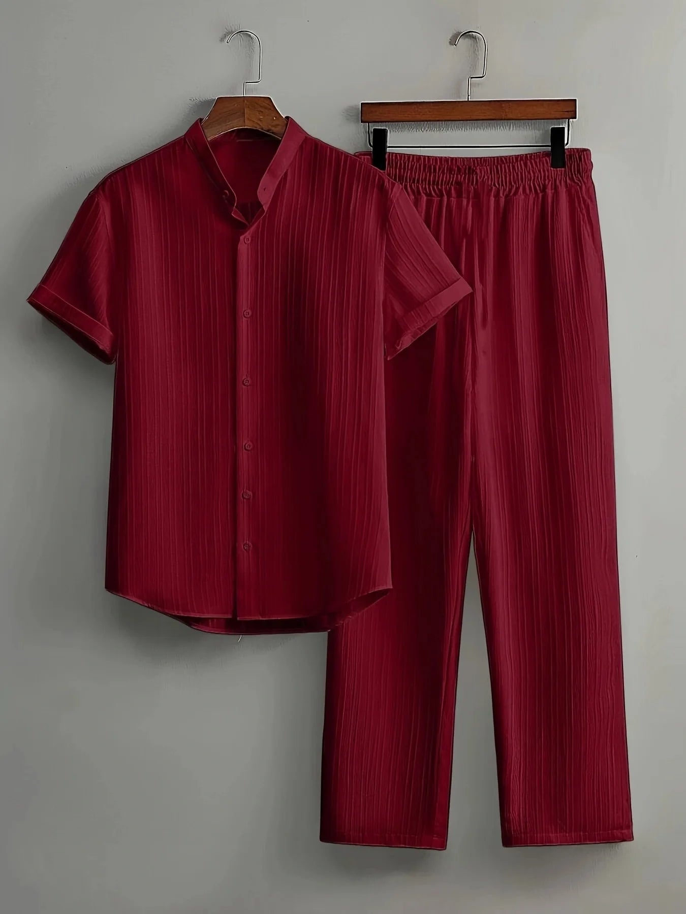 Men's Two Pieces Casual Outfit Loungewear Solid Color Textured Short Sleeve Button Down Shirt and Long Drawstring Pants
