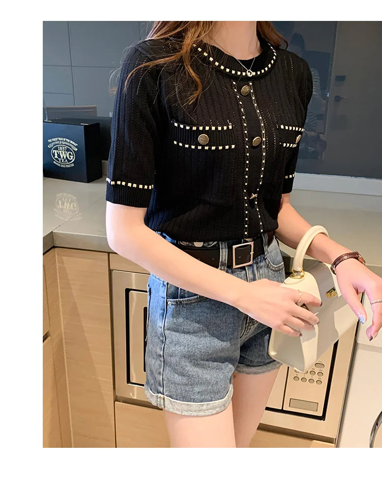 White Tshirt Women Summer 2024 Short Sleeve Top Ladies Pockets Basic T Shirts Knitted Casual Clothes Tee Shirt Femme