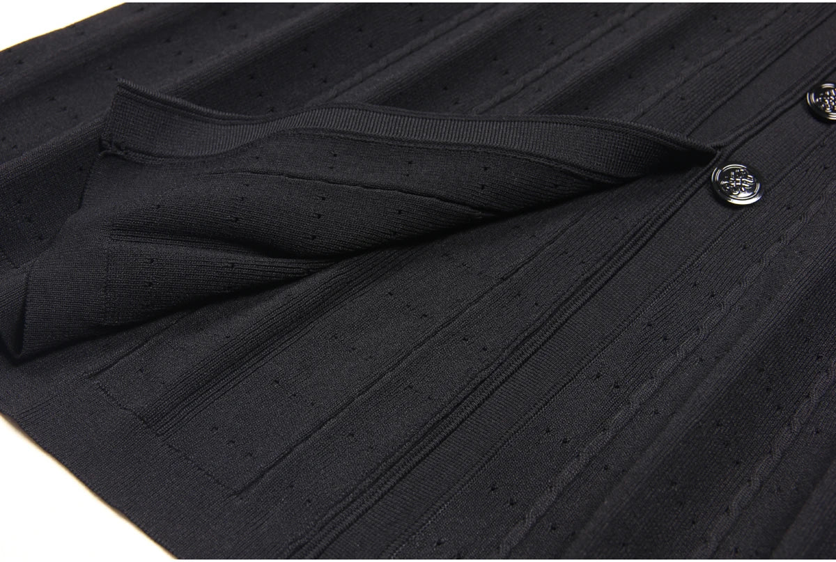 Three Color High-quality New Fashionable Elastic Knitted Hollow Round Neck Single Breasted Short Sleeved Slim Fit Women's Dress