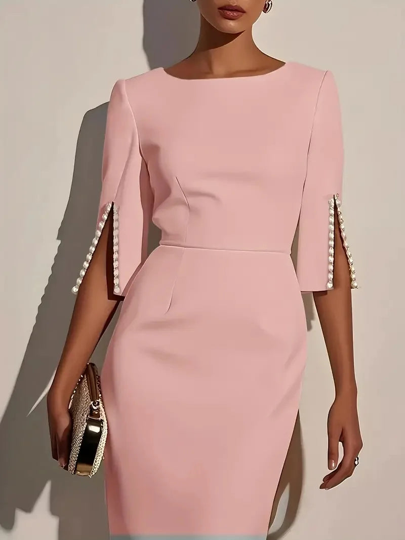Women's Fashionable Solid Color Office Lady Half Sleeve Nail Bead Dress Women Round Neck Slim and Elegant Dress