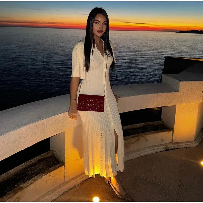 Knit Maxi Dress For Women Elegant Solid O-neck Single Breasted Short Sleeve Long Dresses Female 2025 Summer Fashion Lady Vestido
