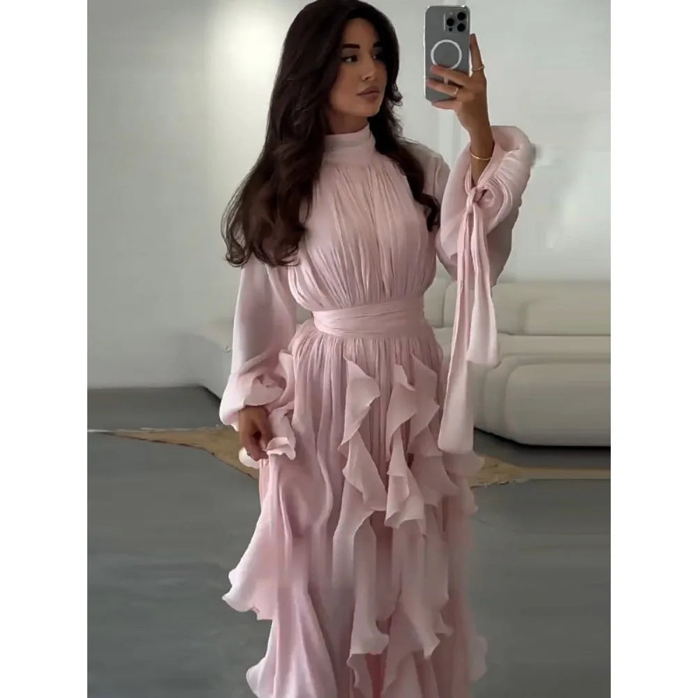 2025 New Sexy Party Dress Lace Up Long Sleeve Slim Fit A Line Maxi Shiny Ruffles Hem Clubwear Evening Gowns Summer Beach