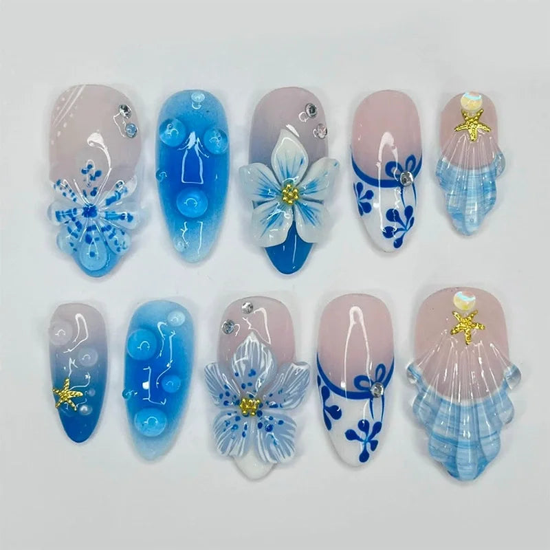 24Pcs Mid-length 3D Flowers Design Fingertips Sweet Butterfly Yellow Ripple Almond False Nails Detachable Full Cover Press Ons