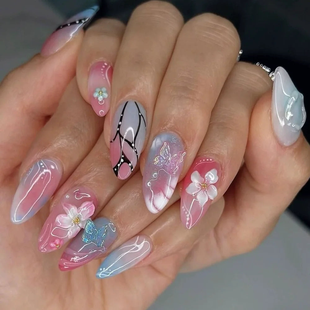 24Pcs Mid-length 3D Flowers Design Fingertips Sweet Butterfly Yellow Ripple Almond False Nails Detachable Full Cover Press Ons
