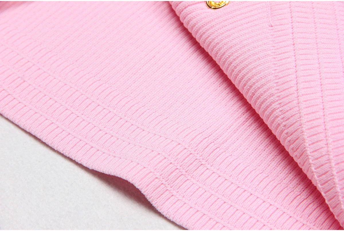 2025 Spring/Summer New Fashion Knitted Elastic Short Sleeve Solid Color Gold Button Slimming Style Commuter Women's Dress