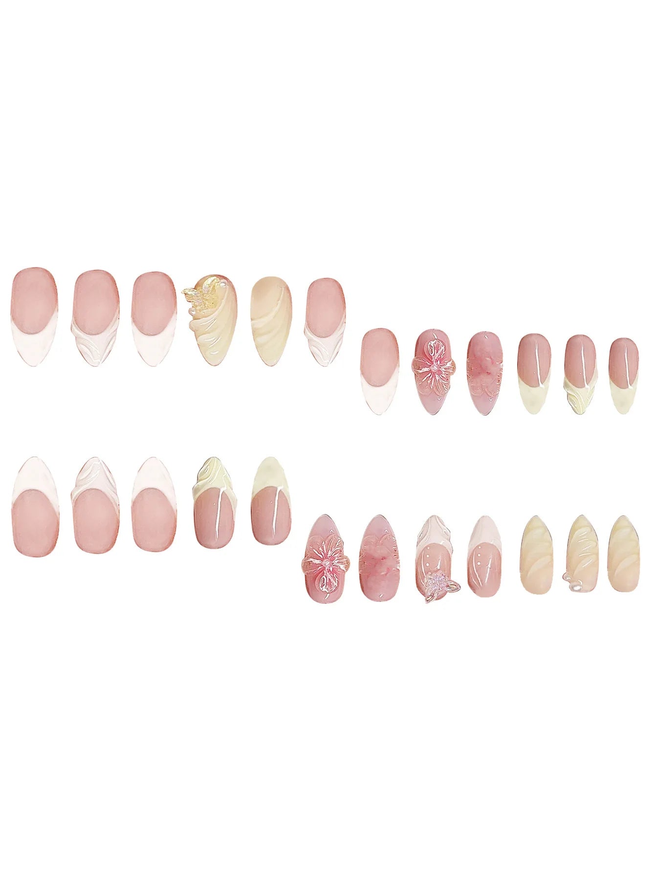 24Pcs Mid-length 3D Flowers Design Fingertips Sweet Butterfly Yellow Ripple Almond False Nails Detachable Full Cover Press Ons