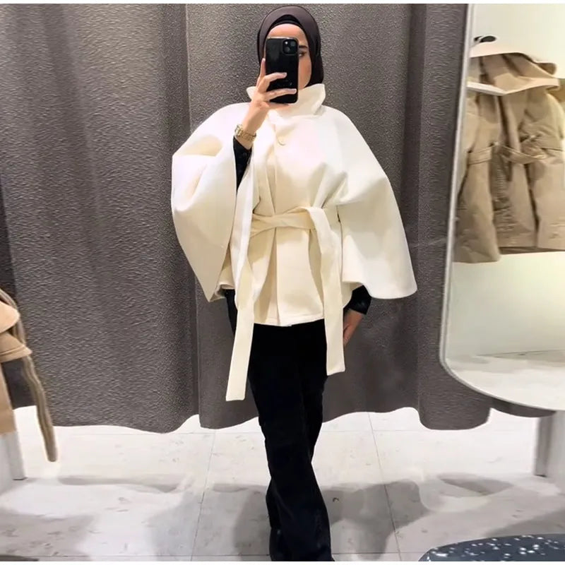 Faux Fur Cloak Jackets Women Loose StandNeck Three Button Wide Sleeves Belt Coats Female 2025 Autumn Solid Chic Fashion Outwears