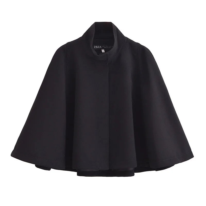 HXAO Black Cropped Cape Coat 2024 Women's Autumn Winter Oversized Long Sleeve Short Cloak Outerwear Fashion Casual Elegant Coat
