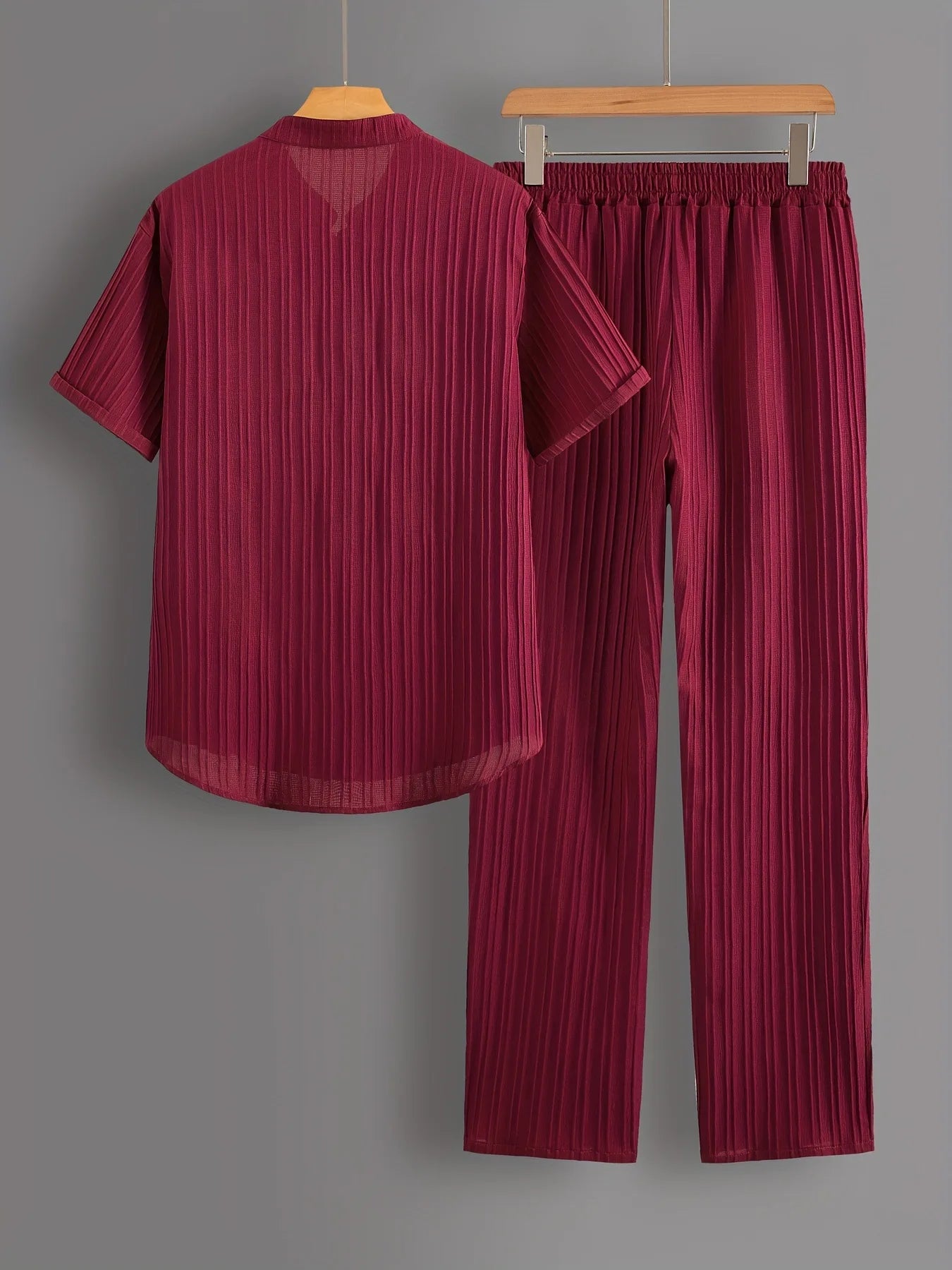 Men's Two Pieces Casual Outfit Loungewear Solid Color Textured Short Sleeve Button Down Shirt and Long Drawstring Pants