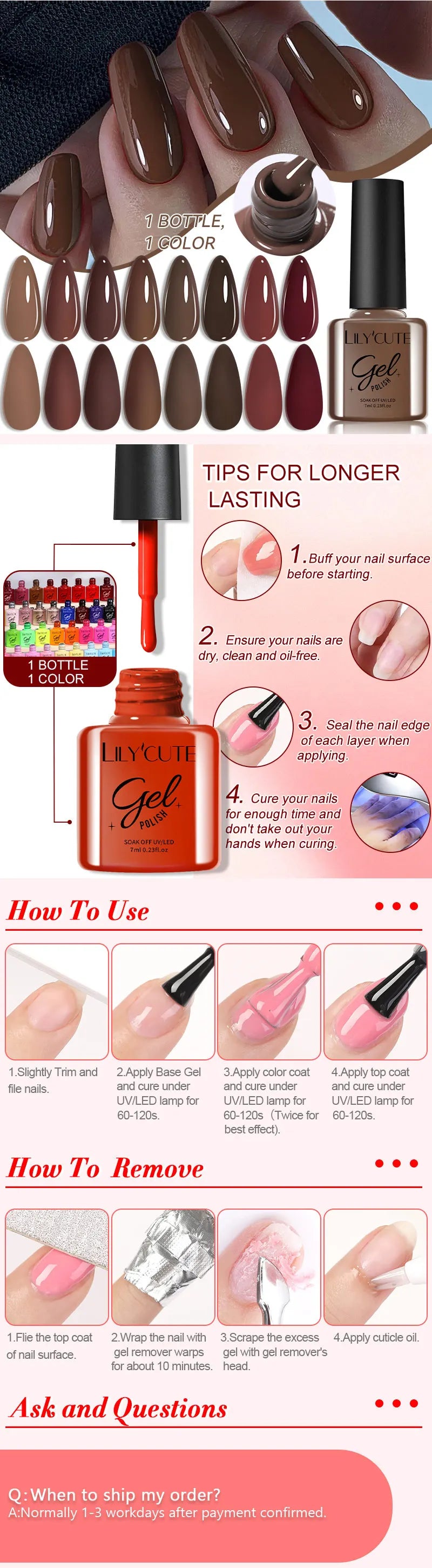 LILYCUTE 6Pcs/set 7ml Coffee Series Gel Nail Polish Kit 125 Colors Manicure Semi Permanent Soak Off UV Nail Art Gel Varnish