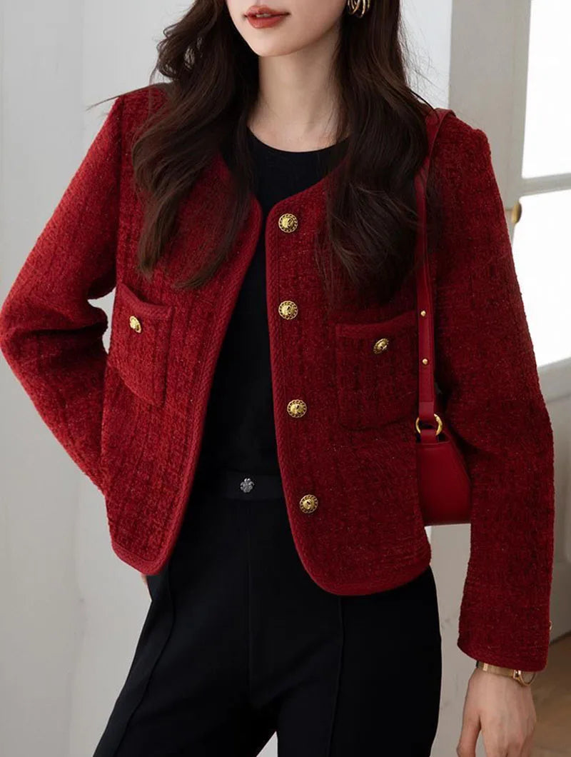Lucyever Wine Red Tweed Coats Female 2025 Autumn Winter New Fashion Temperament Short Jacket Korean All-Match O-Neck Outerwear