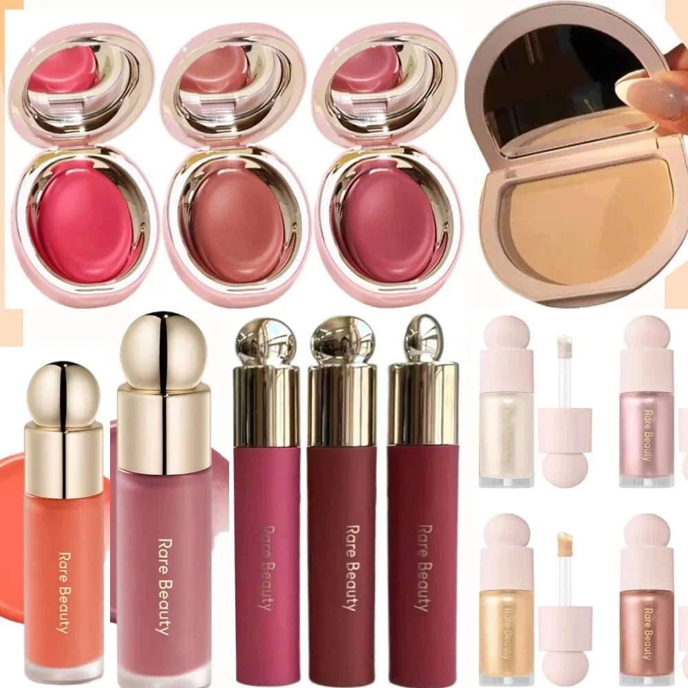 Rare Beauty Essential Makeup Bundle For Flawless Look Face Setting Powder Lip Gloss Belive Gloss Cream Blush Liquid Highlight