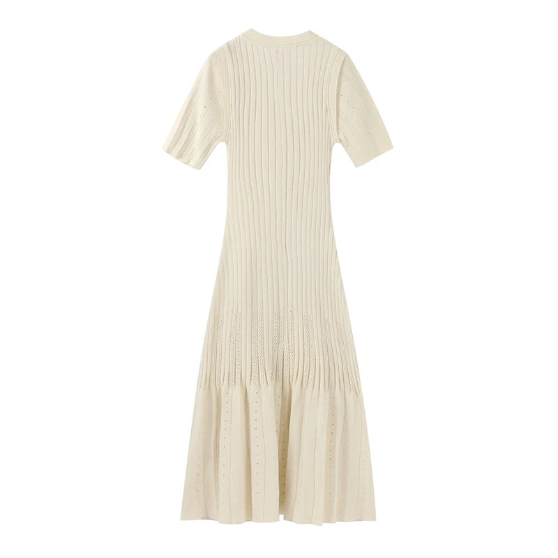 Knit Maxi Dress For Women Elegant Solid O-neck Single Breasted Short Sleeve Long Dresses Female 2025 Summer Fashion Lady Vestido
